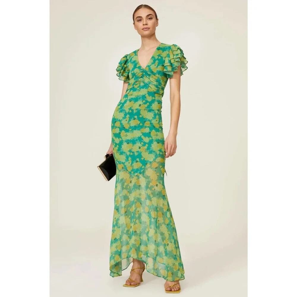DE LA VALI Palmera Floral Print Chiffon Maxi Dress Green Size UK 8 / US 4